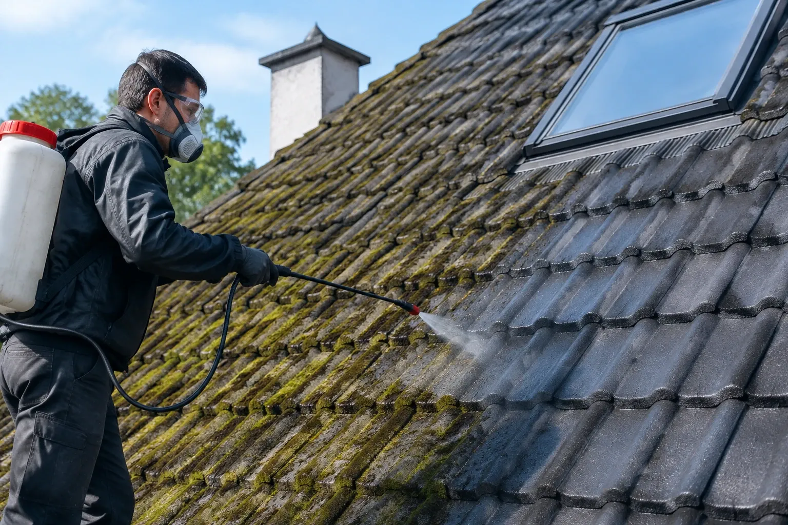 Ouvrier masqué pulvérisant un traitement anti-mousse sur tuiles de toiture mouillées