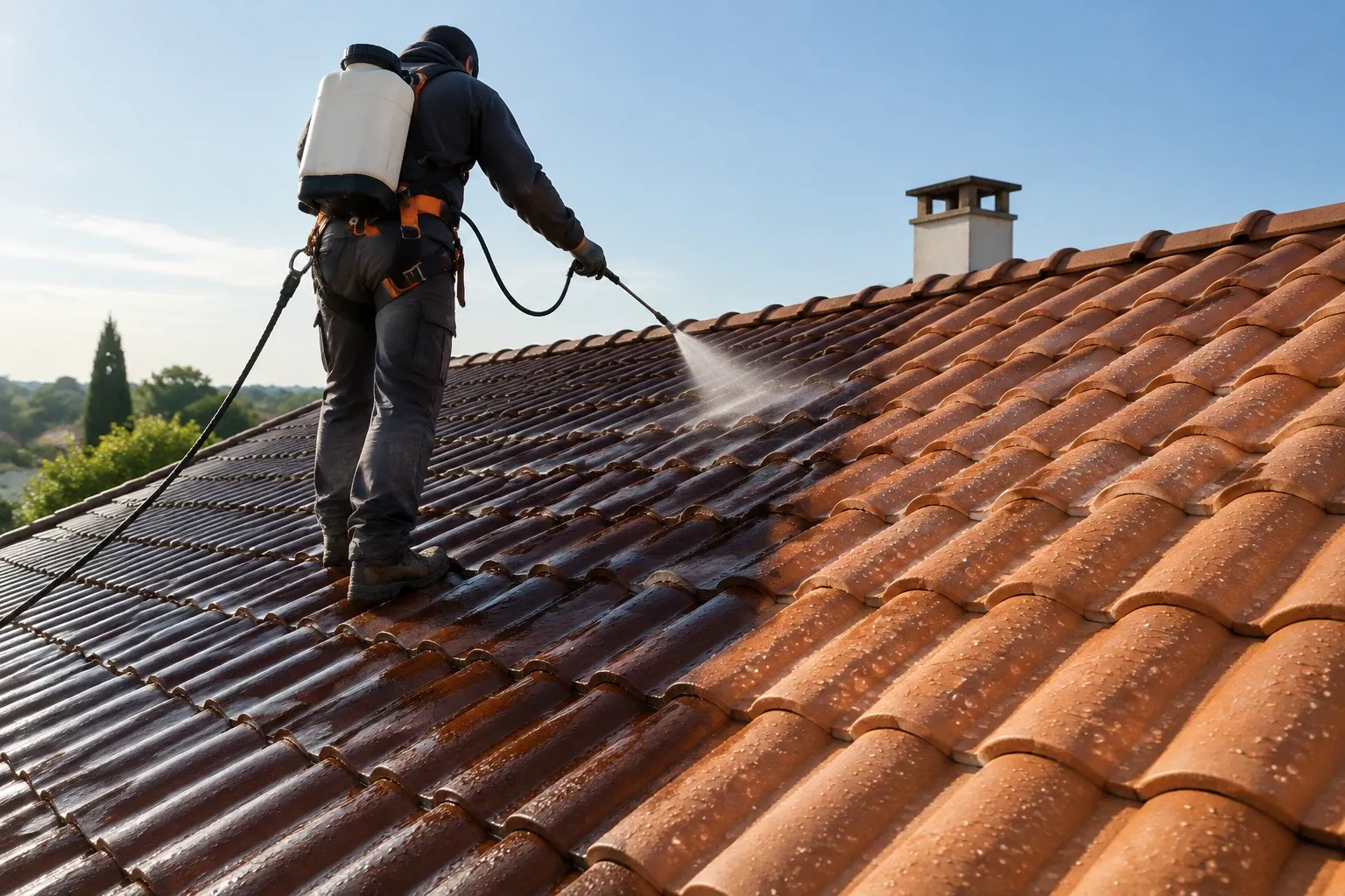 Professionnel en harnais appliquant un hydrofuge sur une toiture de tuiles